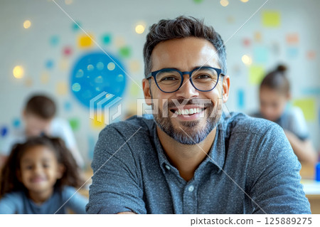 Smiling man with glasses in foreground, children blurred in colorful classroom. Concept of education. For photo related to teaching and positivity. Smiling man with glasses in foreground, children blurred in colorful classroom. Concept of education. For photo related to teaching and positivity. 125889275