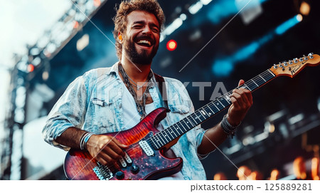 Guitarist on stage with vibrant electric guitar, smiling under concert lights. Concept of live music and performance. For concert promotion. Guitarist on stage with vibrant electric guitar, smiling under concert lights. Concept of live music and performance. For concert promotion. 125889281