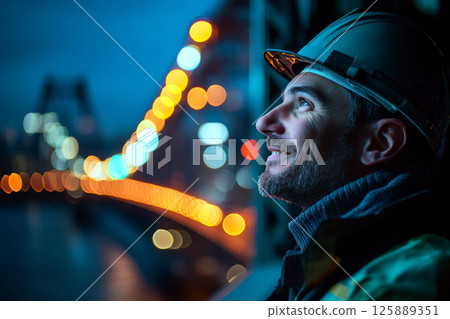 A man in a hard hat looks upward, with colorful, blurred city lights in the background at night. Concept of construction, hope, determination. For construction project design. 125889351