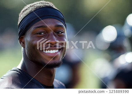 Smiling athlete wearing a black headband and sports jersey outdoors against a blurred background. Concept of happiness, sports, and energy. For sportswear poster. 125889390