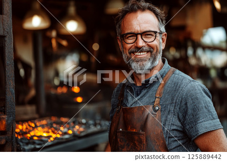 A man with glasses and a beard smiles while wearing an apron in front of a forge. Concept of craftsmanship and metalworking. For stock showcasing skilled artisanship. A man with glasses and a beard smiles while wearing an apron in front of a forge. Concept of craftsmanship and metalworking. For stock showcasing skilled artisanship. 125889442