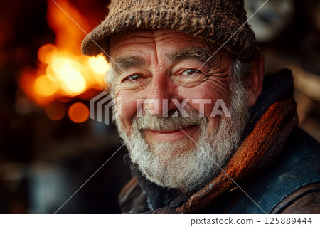 Elderly man in warm clothing smiles warmly with a fiery glow in the blurred background. Concept of warmth, happiness, and outdoor life. For lifestyle photo. 125889444