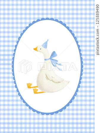 Cute goose illustration. Adorable poster for a boy with an oval frame and goose, farm bird, watercolor cottagecore style, funny character. Childish print and poster, kids' textile and nursery decor 125889490