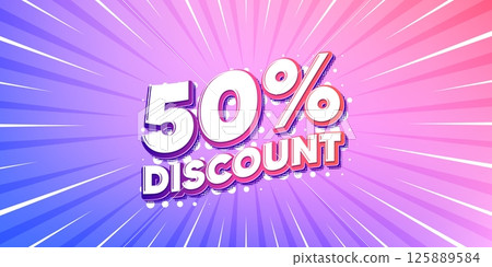 Discount sun rays gradient banner. Light burst background. 50 percent discount tag. Sale offer price sign. Special offer symbol. Gradient sun rays. Sunburst light. Vector 125889584