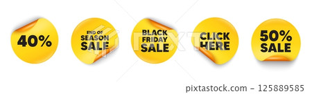 Discount sticker tag. 50 percent discount, Black friday paper price banners. 40 percent off sale tag. Discount offer price sign. Special offer symbol. Click here sticker. Vector Discount sticker tag. 50 percent discount, Black friday paper price banners. 40 percent off sale tag. Discount offer price sign. Special offer symbol. Click here sticker. Vector 125889585