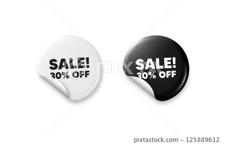 Sale sticker tags. Glitter paper price badge. Sale 30 percent off discount. Promotion price offer sign. Retail badge symbol. Offer round sticker. Promo banner. Vector 125889612