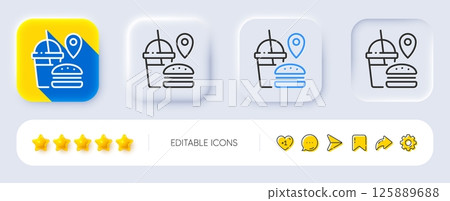 Food delivery line icon. Neumorphic, Flat shadow, 3d buttons. Meal order location sign. Fast food symbol. Line fast food icon. Social media icons. Vector Food delivery line icon. Neumorphic, Flat shadow, 3d buttons. Meal order location sign. Fast food symbol. Line fast food icon. Social media icons. Vector 125889688