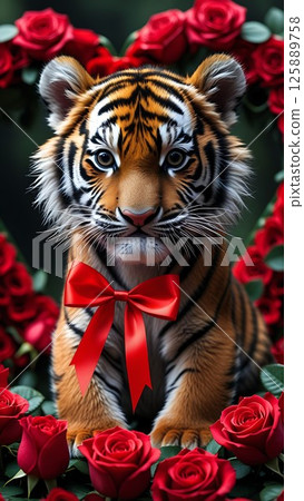 Adorable Baby Tiger with Red Ribbon. Valentines Cute Jungle Love 30-2 125889758
