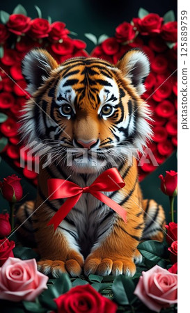 Adorable Baby Tiger with Red Ribbon. Valentines Cute Jungle Love 30-1 Adorable Baby Tiger with Red Ribbon. Valentines Cute Jungle Love 30-1 125889759