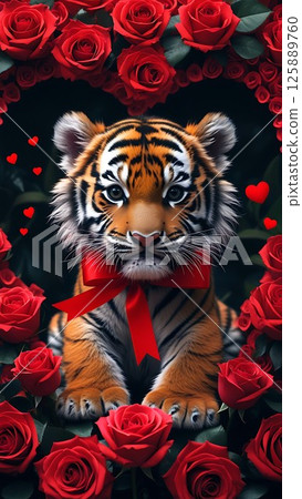 Adorable Baby Tiger with Red Ribbon. Valentines Cute Jungle Love 30-4 Adorable Baby Tiger with Red Ribbon. Valentines Cute Jungle Love 30-4 125889760
