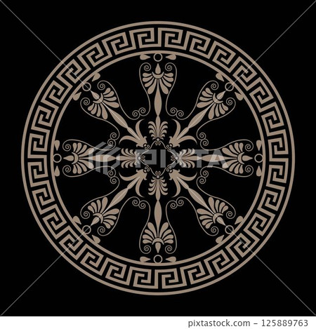 Greek golden vector round ornament. Greek key meanders. Circle of Ancient Greece,  Roman Empire. Greek fret, key. Circle, Arabesque, Byzantine pattern. Decoration of European palaces, ceramic, textile 125889763
