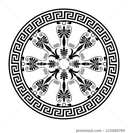 Greek vector round ornament. Greek key meanders. Circle of Ancient Greece,  Roman Empire. Greek fret, key. Circle, Arabesque, Byzantine pattern. Decoration of European palaces, ceramic, textile 125889764