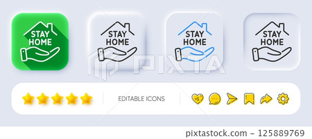 Stay home line icon. Neumorphic, Flat shadow, 3d buttons. Coronavirus pandemic quarantine sign. Save lives symbol. Line stay home icon. Social media icons. Vector 125889769