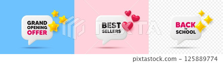 Best sellers chat speech bubble. 3d stars, sparkles, hearts chat bubbles. Best sellers tag. Special offer price sign. Advertising discounts symbol. Final sale, Back to school tag. Vector Best sellers chat speech bubble. 3d stars, sparkles, hearts chat bubbles. Best sellers tag. Special offer price sign. Advertising discounts symbol. Final sale, Back to school tag. Vector 125889774
