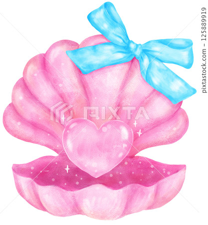 Coquette Seashell Watercolor,  Pastel Pink Open Clam Shell with Blue Bow for Summer, Beach, and Coastal Design 125889919