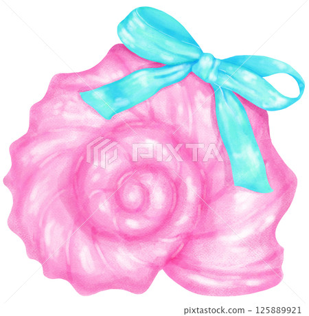 Coquette Seashell Watercolor,  Pastel Pink Snail Conch Shell with Blue Bow for Summer, Beach, and Coastal Design 125889921