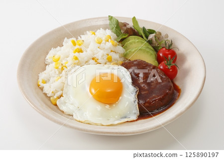 Corn rice loco moco bowl 125890197