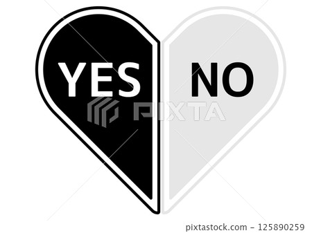 A split heart symbol with a monochrome YES and NO symbol representing double standards 125890259