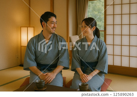 身著浴衣的微笑情侶在溫泉旅館休息 125890263