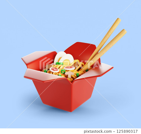 3d Wok or pad thai in red paper takeaway box with chopsticks. Chinese instant noodles udon, soba or funchoza with egg, meat, vegetables and spices. Asian food, render realistic icon. 3D illustration 3d Wok or pad thai in red paper takeaway box with chopsticks. Chinese instant noodles udon, soba or funchoza with egg, meat, vegetables and spices. Asian food, render realistic icon. 3D illustration 125890317