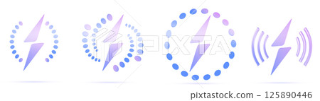 Glass holographic transparent wireless charging icon set. Gradient lightning bolt symbols with circle and wave pictograms. Mobile battery charger tech app indicators interface design. 3D illustration 125890446
