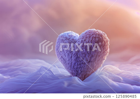 Romantic Cozy Heart-Shaped Knitted Decor on Soft Fabric with Pastel Background Romantic Cozy Heart-Shaped Knitted Decor on Soft Fabric with Pastel Background 125890485