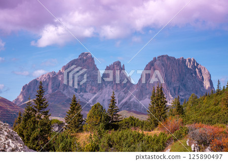 Mountain landscape background. Rocks against the day sky. The Dolomites in South Tyrol, Italy, Europe 125890497