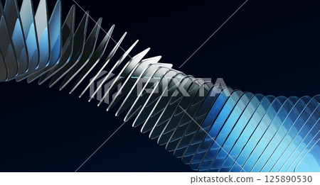Abstract black 3d background with glass transparent rectangle plates row, light blue gradient and speed motion effect. Hologram curve wave line pattern. Render futuristic digital tech. 3D illustration Abstract black 3d background with glass transparent rectangle plates row, light blue gradient and speed motion effect. Hologram curve wave line pattern. Render futuristic digital tech. 3D illustration 125890530