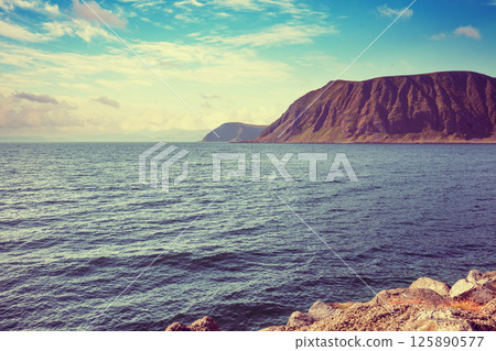 Seascape. Rocky sea coast. Fjord with blue sky 125890577