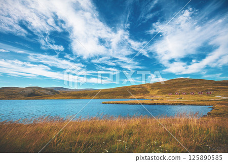 View of the fjord and beautiful sky. Beautiful nature of Norway. Arctic bay. Mageroya island. Nordkapp. 125890585