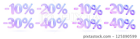 3d glass holographic liquid transparent discount number set. Rainbow water font, balloon digits 10, 20, 30, 40 percent sign. Holiday season sale special offer, black friday shopping. 3D illustration 125890599
