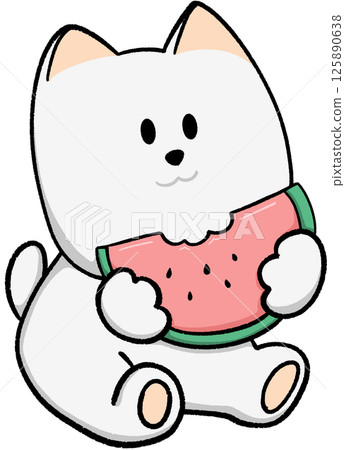 cartoon white dog holding watermelon slice cartoon white dog holding watermelon slice 125890638