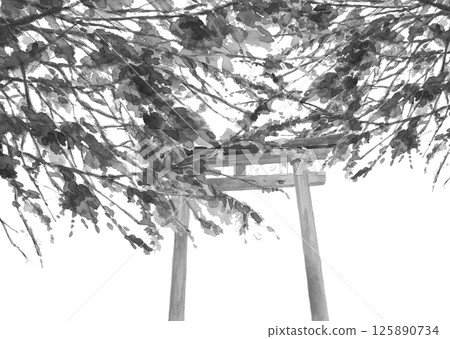 Monotone landscape of a shrine with a torii gate buried in trees painted with watercolors [hand-drawn] White background Cutout Copy space 125890734