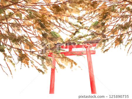 水彩風景插圖，神社上有秋葉和紅色的牌坊，白色背景上 [手繪]，可供裁剪和複製空間 125890735