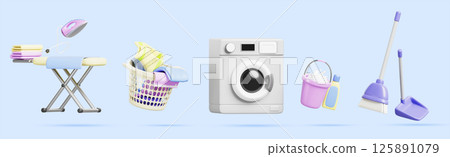 Laundry room set with washer, dirty clothes in basket, iron board, clean fold linen stack. Render equipment for house cleaning, detergent bottle, bucket of soap foam, scoop and brush. 3D illustration 125891079