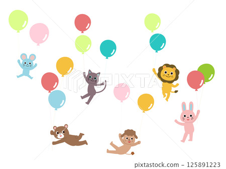 一組乘坐氣球飛行的可愛動物 一組乘坐氣球飛行的可愛動物 125891223