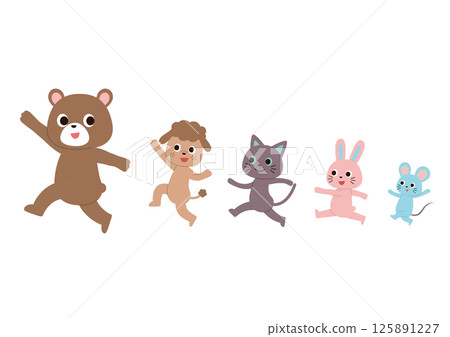 可愛的動物們排成一列快樂地跳躍 125891227