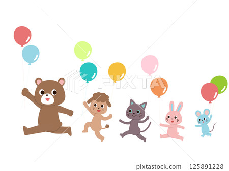 Cute animals skipping happily with balloons 125891228