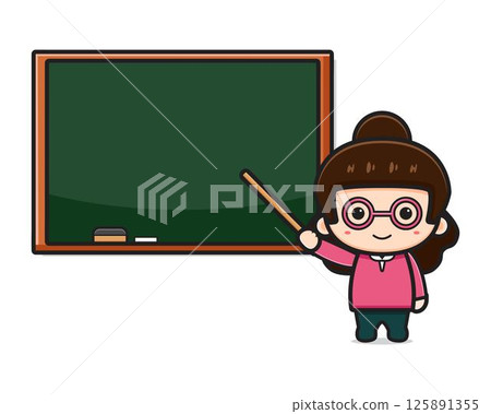 Cute teacher in classroom pointing to chalkboard cartoon illustration Cute teacher in classroom pointing to chalkboard cartoon illustration 125891355