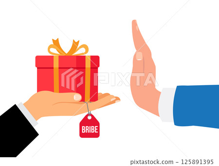 Hand refusing bribe gift. Person rejecting an unsolicited unwanted bribery present. Deception, stop scam. stock illustration Hand refusing bribe gift. Person rejecting an unsolicited unwanted bribery present. Deception, stop scam. stock illustration 125891395