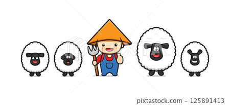 Cute farmer with sheep cartoon icon illustration 125891413