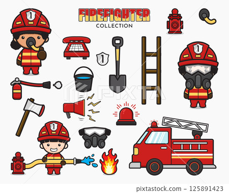 Set collection of cute firefighter and equipment cartoon icon clipart illustration Set collection of cute firefighter and equipment cartoon icon clipart illustration 125891423