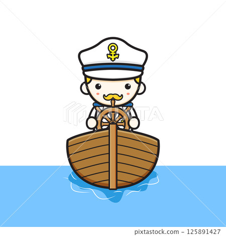 Cute captain driving boat cartoon icon illustration 125891427