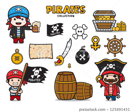 Set collection of cute pirates and equipment cartoon icon clipart illustration Set collection of cute pirates and equipment cartoon icon clipart illustration 125891431