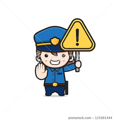 Cute police holding warning sign cartoon icon illustration 125891444