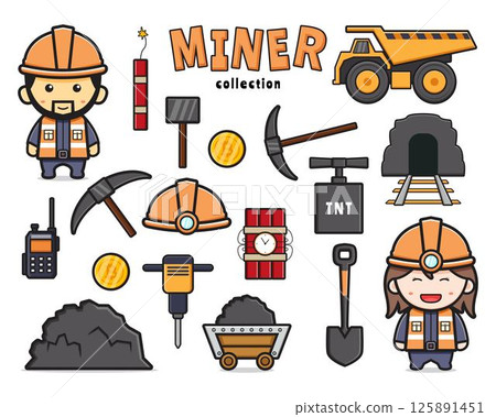 Set collection of cute miner and equipment doodle clip art cartoon icon illustration 125891451
