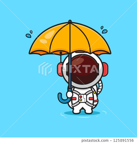 Cute astronaut holding umbrella in the rain cartoon icon illustration 125891556