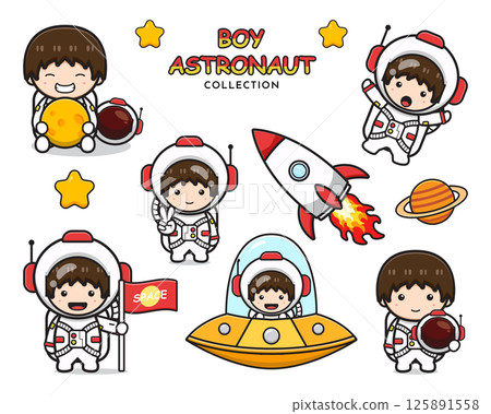 Set collection of cute boy astronaut cartoon icon clipart illustration 125891558