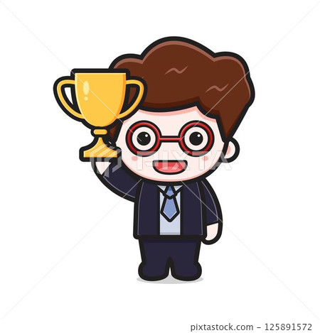 Cute successful businessman holding trophy cartoon vector icon illustration Cute successful businessman holding trophy cartoon vector icon illustration 125891572