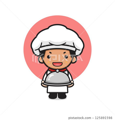 Cute chef holding plate cartoon icon illustration Cute chef holding plate cartoon icon illustration 125891598